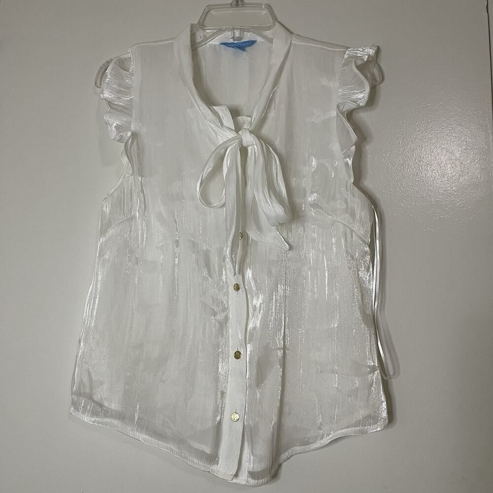 Draper James shiny white pearl button down tie collar blouse top Small